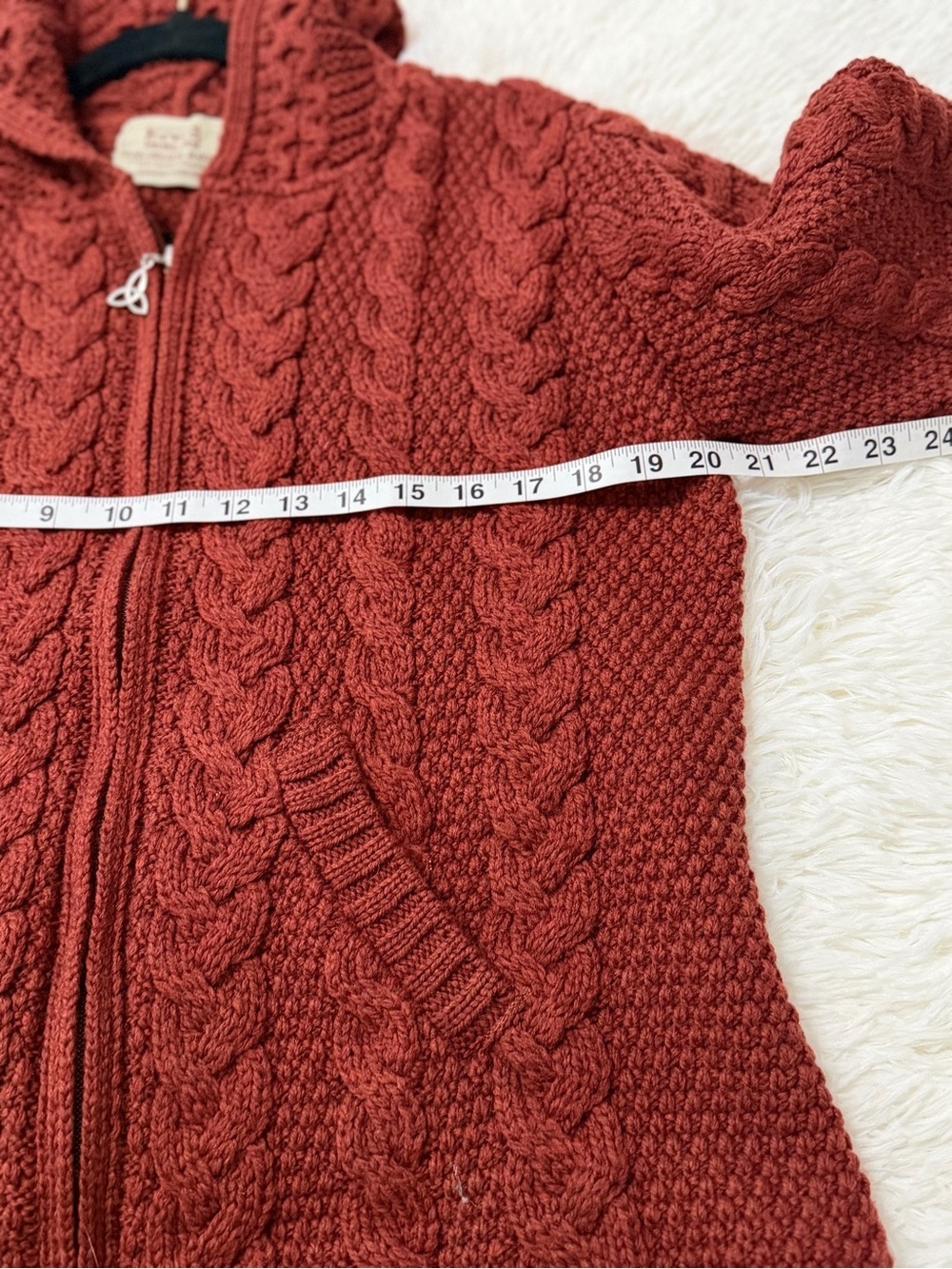 Aran Merino Wool Cable Knit Hooded Zip Cardigan – Rust Red, Size Medium - Picture 9 of 14